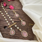 Vriksham Oval And Square AD Stone Pendant Short Neckpiece-Baby Pink-G16280